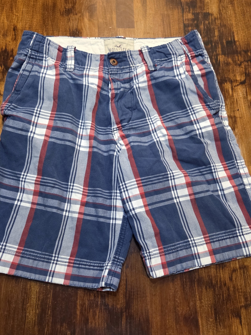 Mens Hollister Plaid Cargo Shorts Button Fly Blue Heavy Cotton Sz 30 (32x9") Y2K